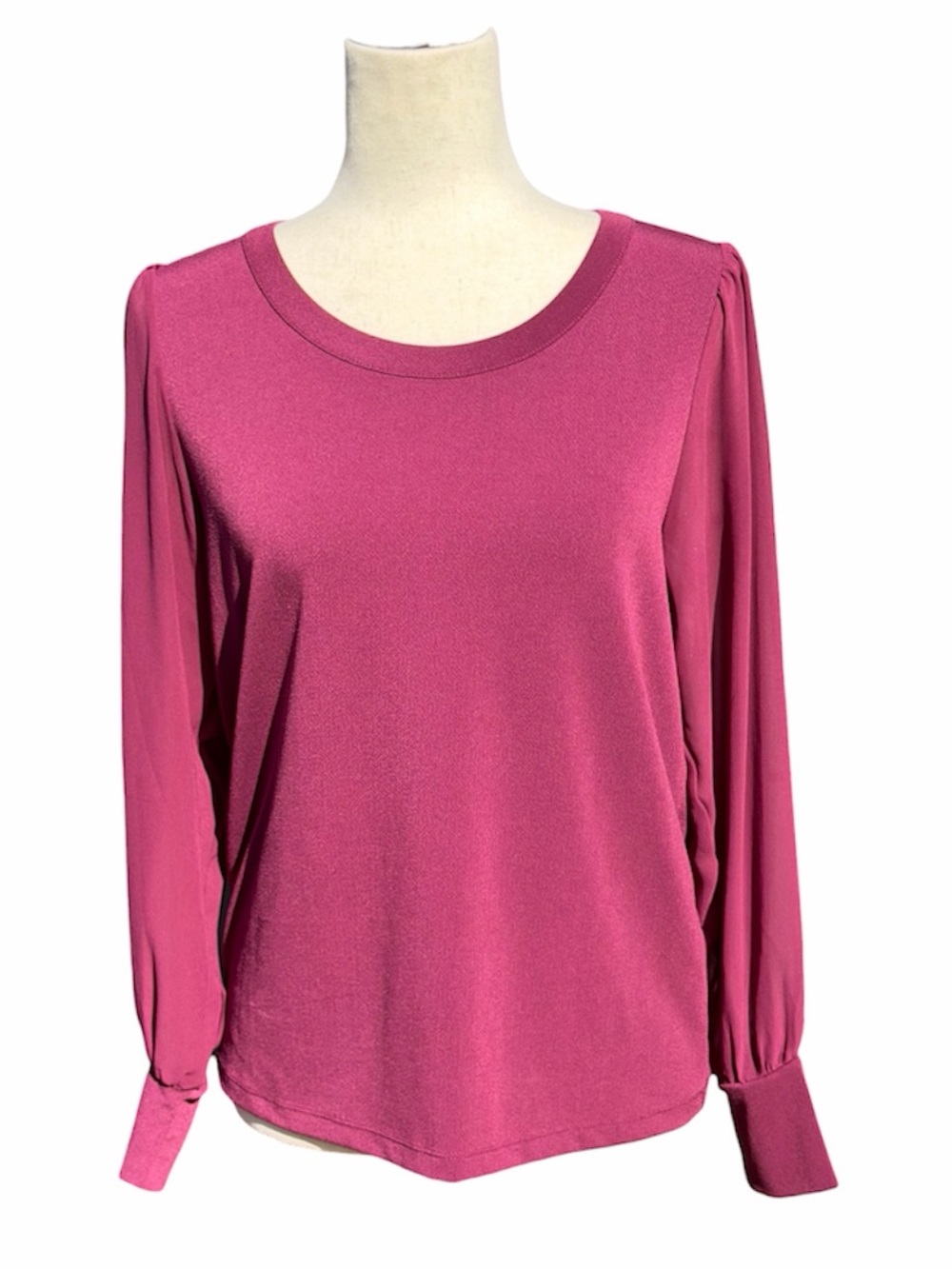 Banana Republic BR sheer sleeve Women's Long Sleeve Scoop Neck Blouse burgundy S